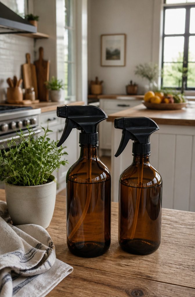Two spray bottles on a wooden countertop with fresh herbs in the background.