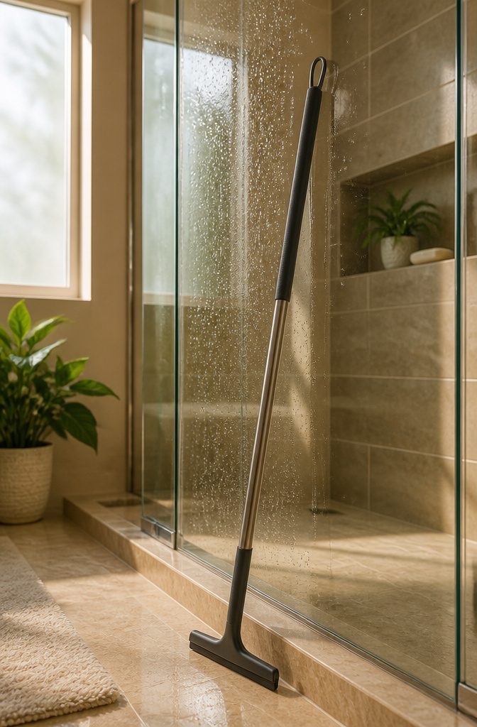 A squeegee with a long handle resting against a glass shower door.