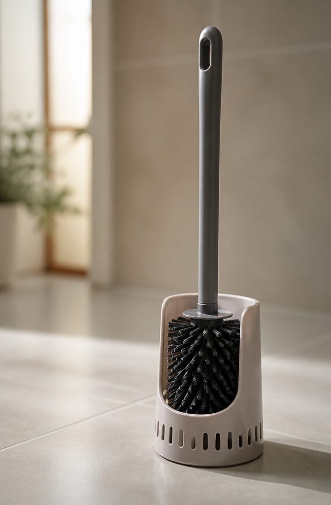 A toilet brush with a curved handle resting next to its holder.