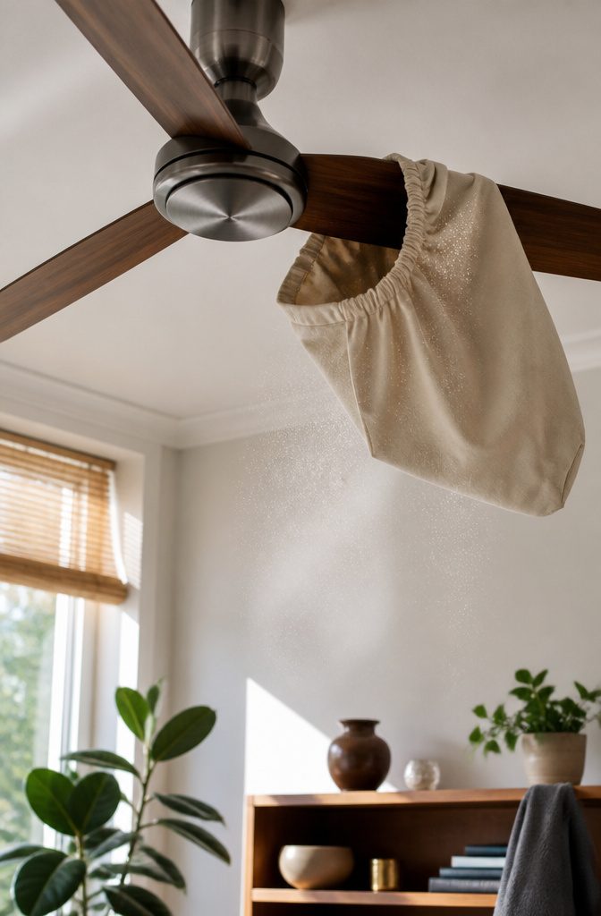 How to Clean the Room: 8 Steps for a Fresh Space 4 A ceiling fan with a pillowcase wrapped around one blade while dusting.