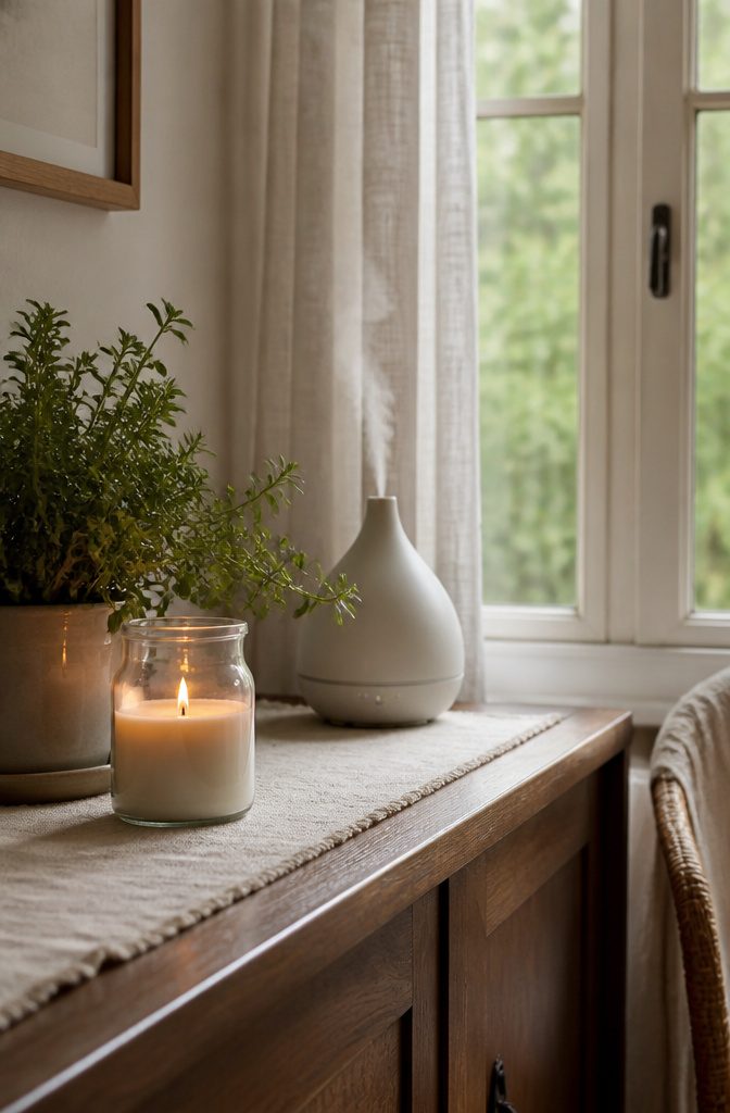 How to Clean the Room: 8 Steps for a Fresh Space 8 A candle and essential oil diffuser placed on a side table.