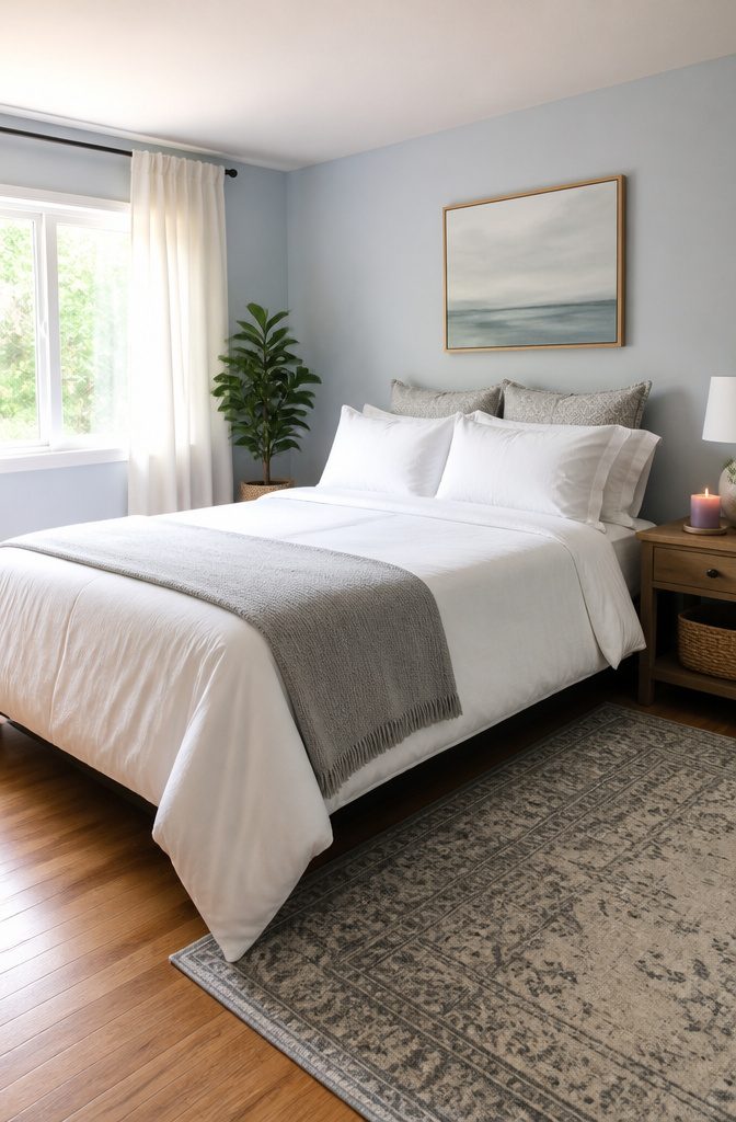 How to Clean the Room: 8 Steps for a Fresh Space 3 A freshly made bed with white sheets and a light grey blanket.