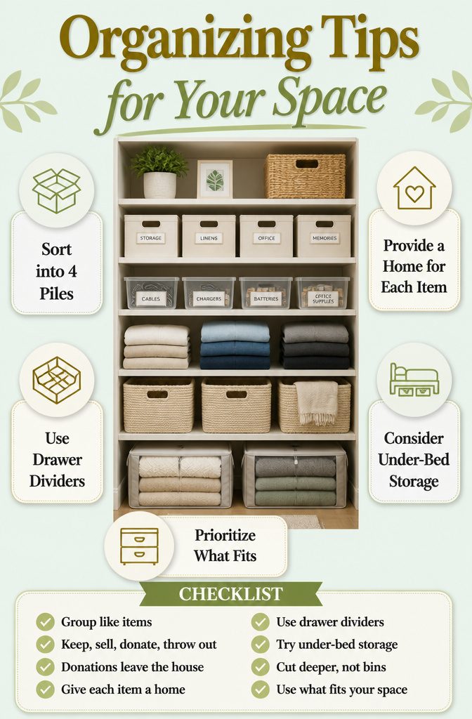 How to Clean the Room: 8 Steps for a Fresh Space 11 Four piles of items labeled keep, sell, donate, and throw out.