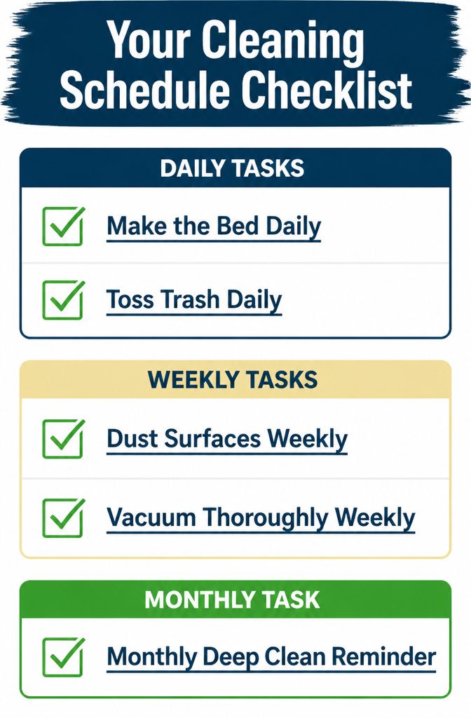 How to Clean the Room: 8 Steps for a Fresh Space 10 A checklist for a cleaning schedule displayed on a clipboard.