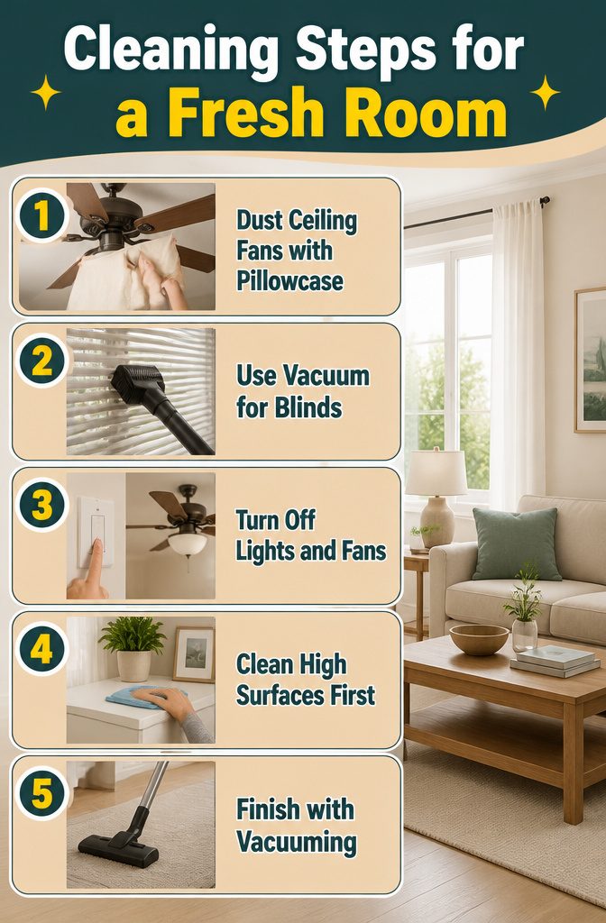 How to Clean the Room: 8 Steps for a Fresh Space 12 An old pillowcase being used to clean a dusty ceiling fan blade.