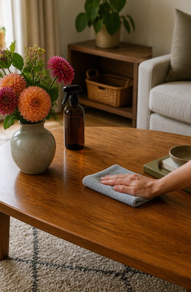 How to Clean the Room: 8 Steps for a Fresh Space 5 A damp microfiber cloth cleaning a polished wooden tabletop.