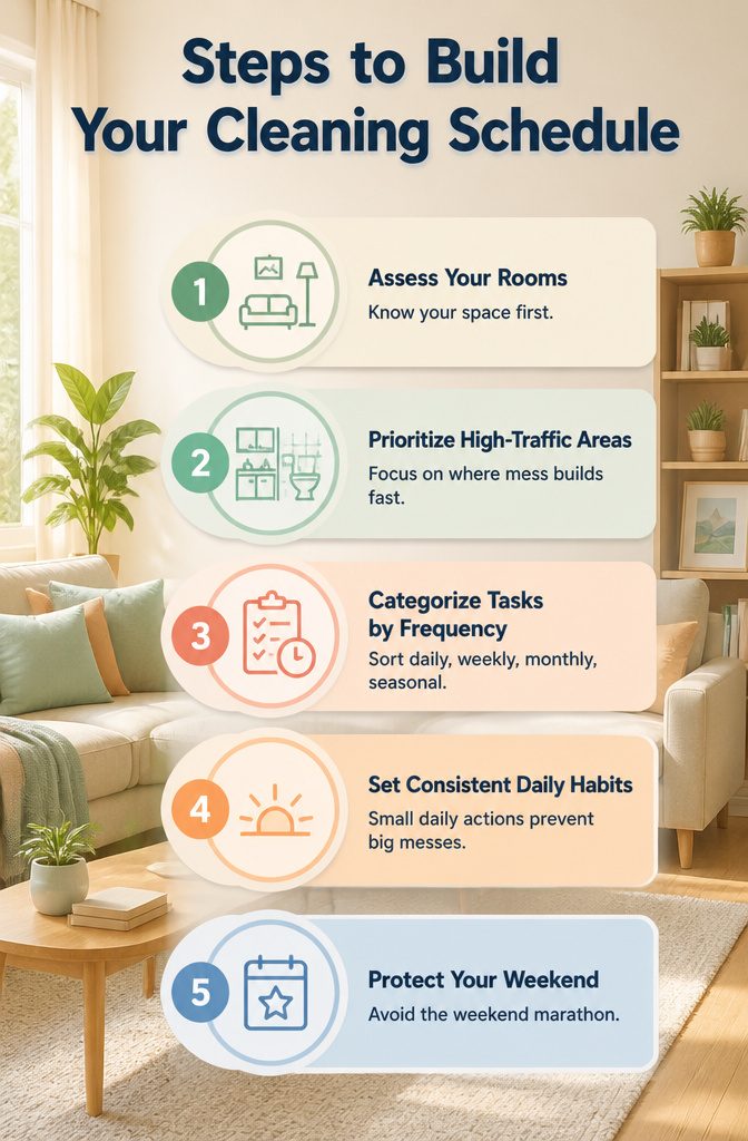 Keep Your House Clean Schedule: Daily, Weekly, Monthly, Seasonal 5 A hand with a notebook outlining a personalized cleaning plan.