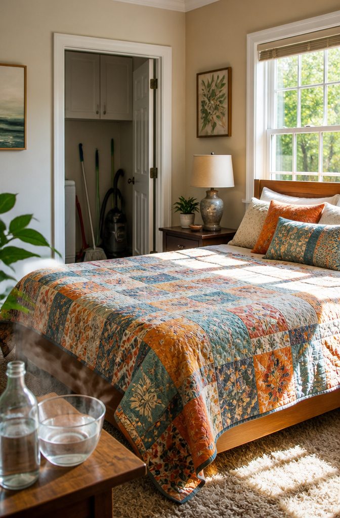Keep Your House Clean Schedule: Daily, Weekly, Monthly, Seasonal 3 A bright bedroom with a colorful quilt and cleaning tools nearby.