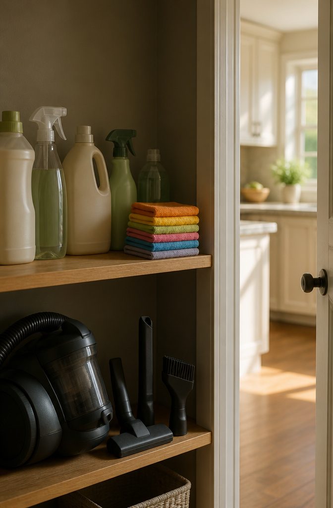Keep Your House Clean Schedule: Daily, Weekly, Monthly, Seasonal 9 A selection of cleaning products organized under a sink.