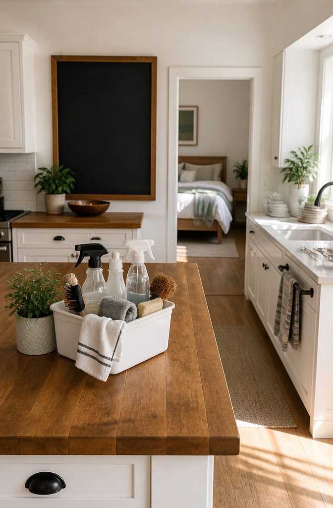 Keep Your House Clean Schedule: Daily, Weekly, Monthly, Seasonal 7 A kitchen with cleaning supplies and a chalkboard for tasks.