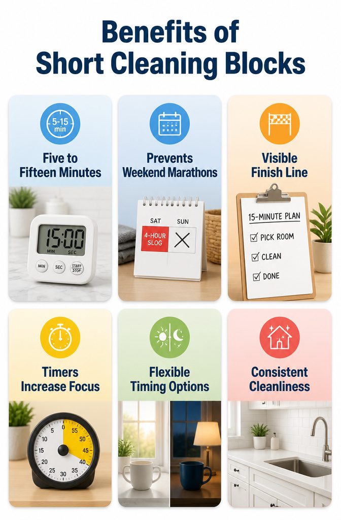 Keep Your House Clean Schedule: Daily, Weekly, Monthly, Seasonal 6 A timer set for a short cleaning session in a bright room.