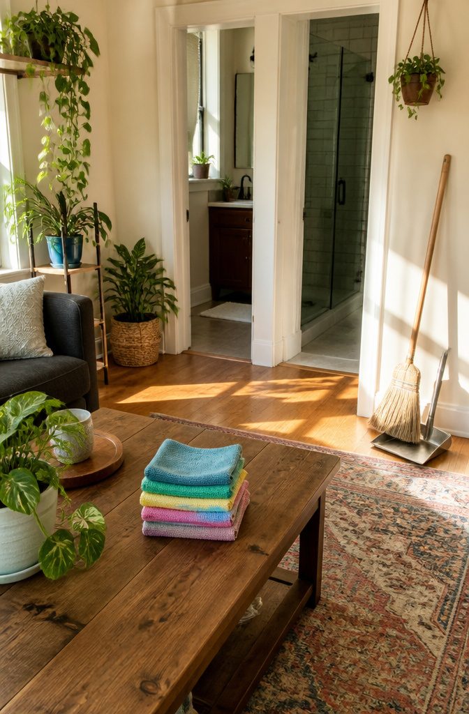 Keep Your House Clean Schedule: Daily, Weekly, Monthly, Seasonal 2 A cozy living room with cleaning supplies and a sparkling bathroom.
