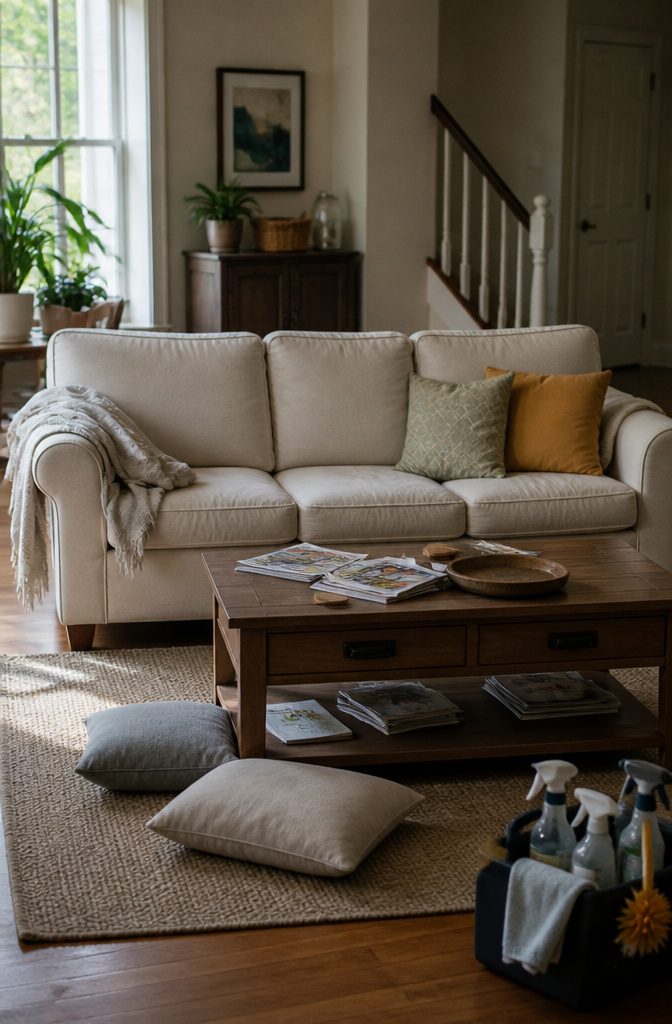 Keep Your House Clean Schedule: Daily, Weekly, Monthly, Seasonal 10 A living room indicating a busy lifestyle with cleaning supplies.