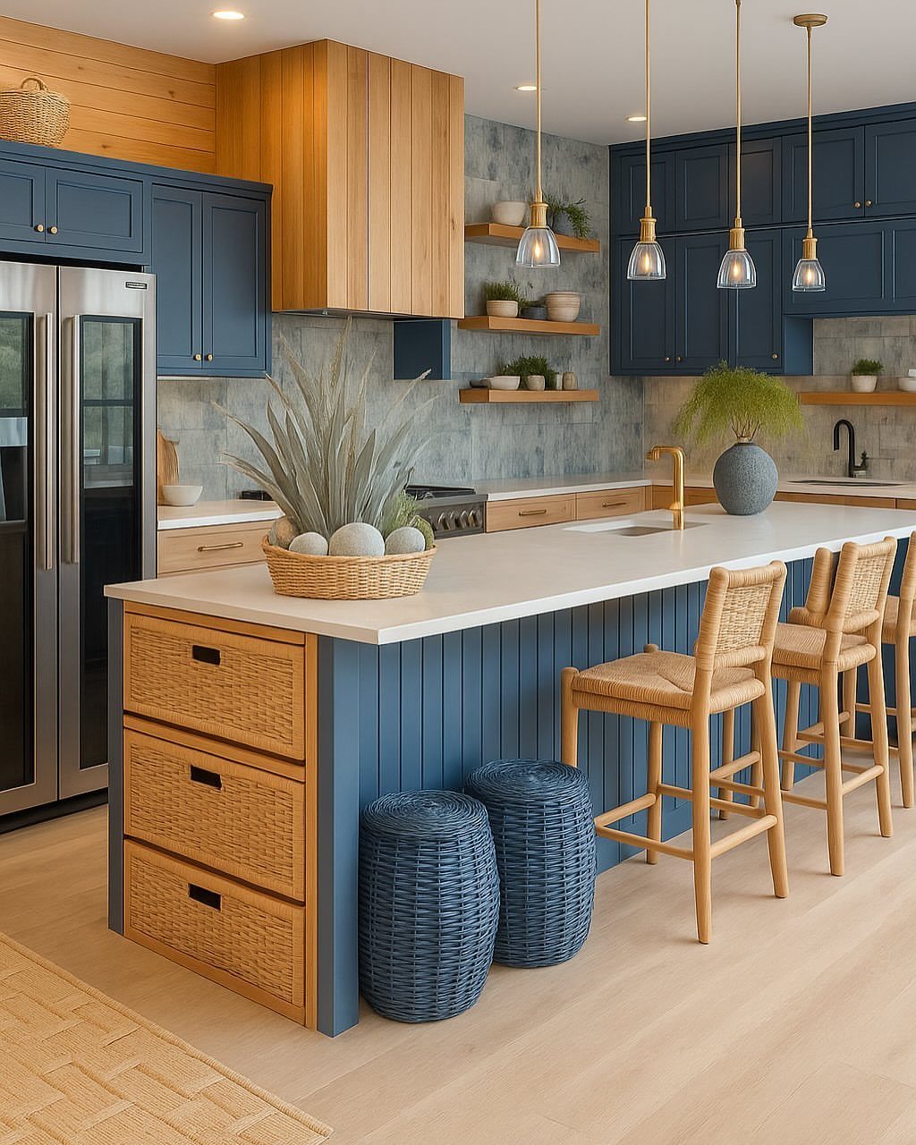 Modern blue and wood kitchen with white island, rattan stools, and coastal decor elements.