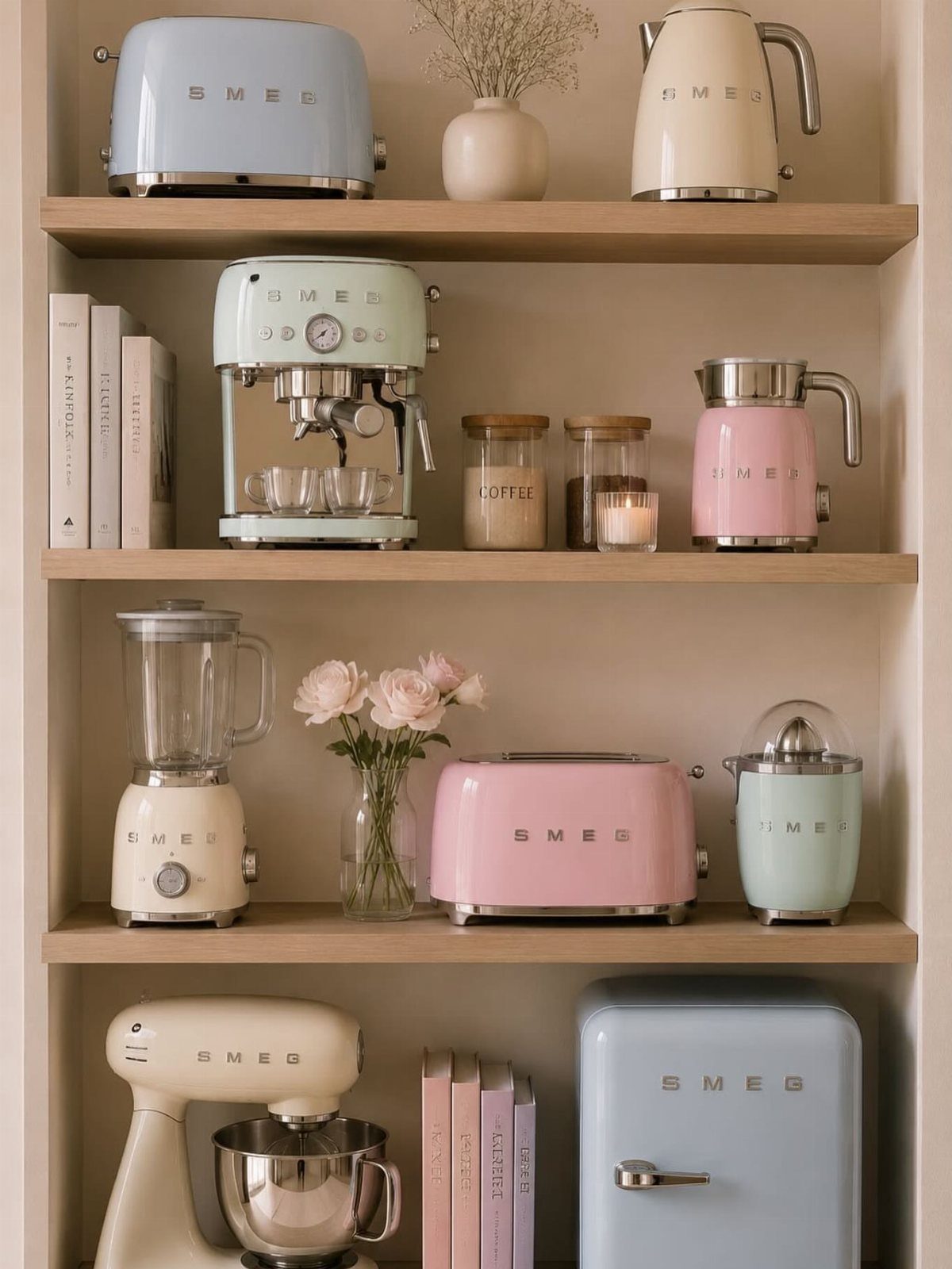 Pastel colored Smeg kitchen appliances arranged neatly on light wooden shelves.