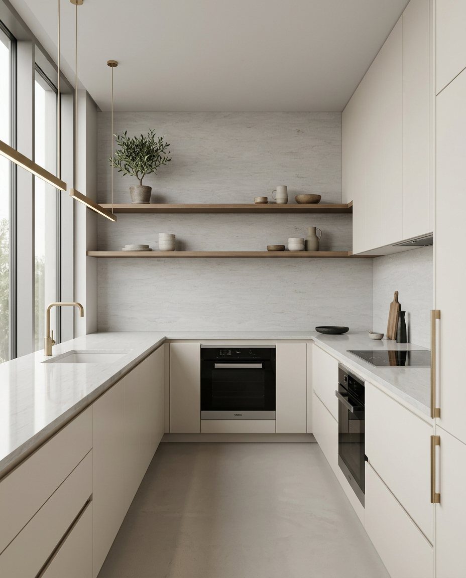 Modern minimalist kitchen with white cabinets, light stone countertops, and a full wall tile backsplash.