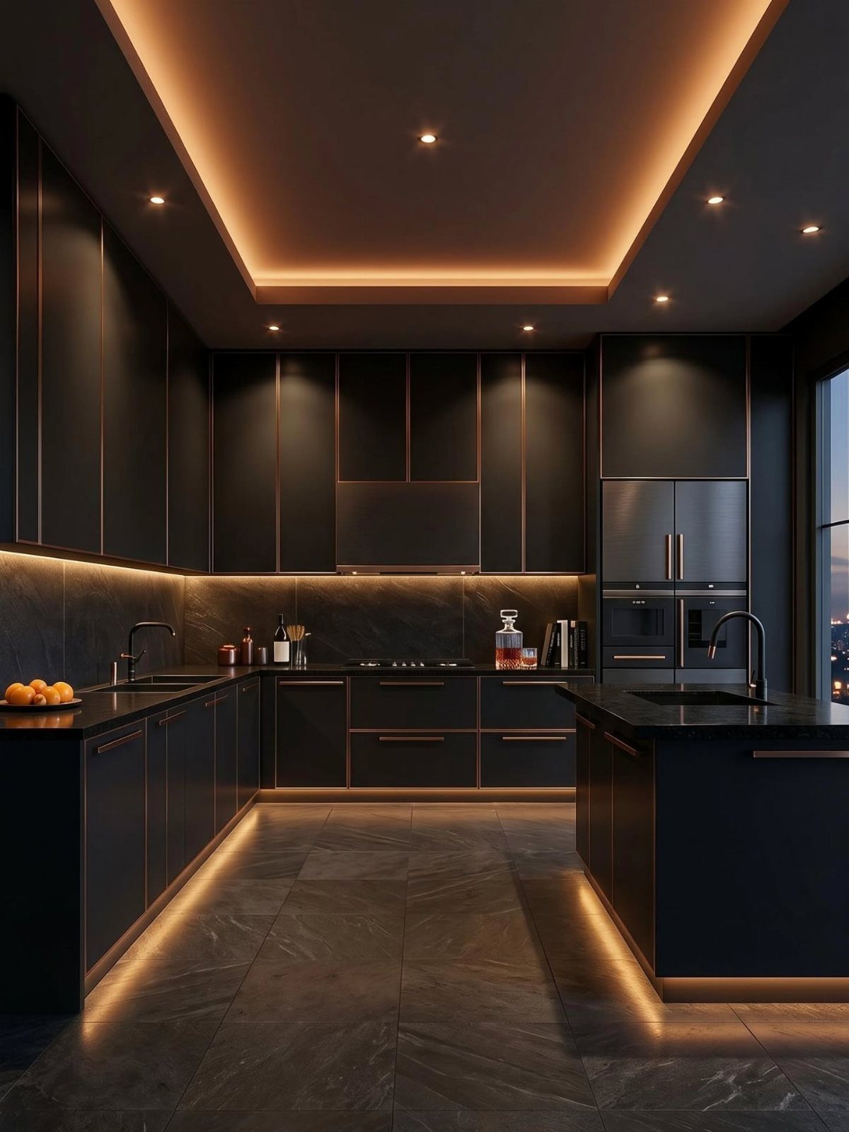Modern dark kitchen with matte black cabinets, gold accents, and integrated warm LED lighting.