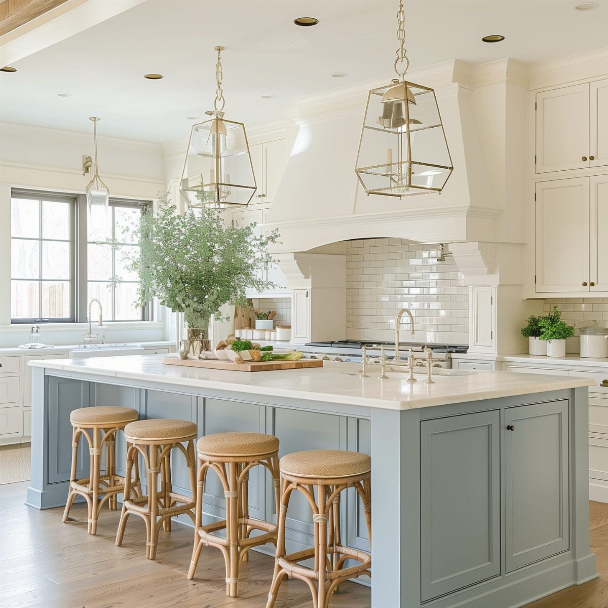 Light blue kitchen island with rattan stools and gold lantern pendant lights in a bright room.