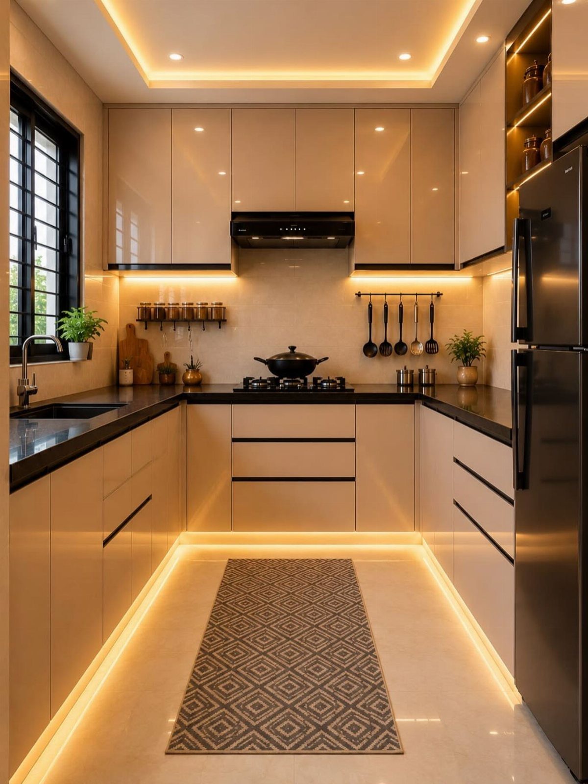 Modern kitchen featuring warm LED strip lighting under cabinets and along the floor baseboards.