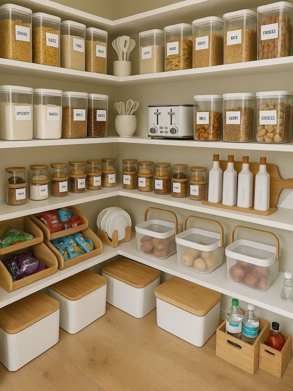 Clear containers and wooden bins organize various food items on white pantry shelves.