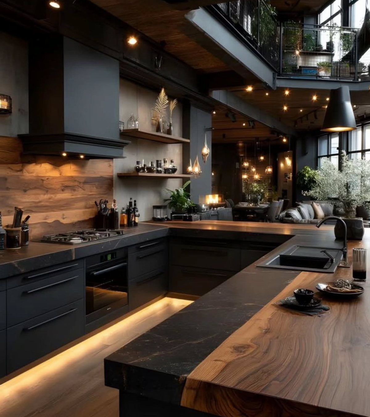 Modern dark kitchen with black cabinets, wooden backsplash, and thick natural wood countertops.