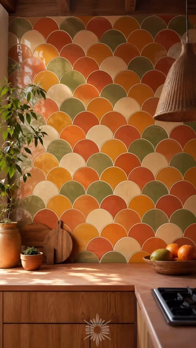Scalloped kitchen backsplash tiles in vibrant shades of orange, yellow, and green.