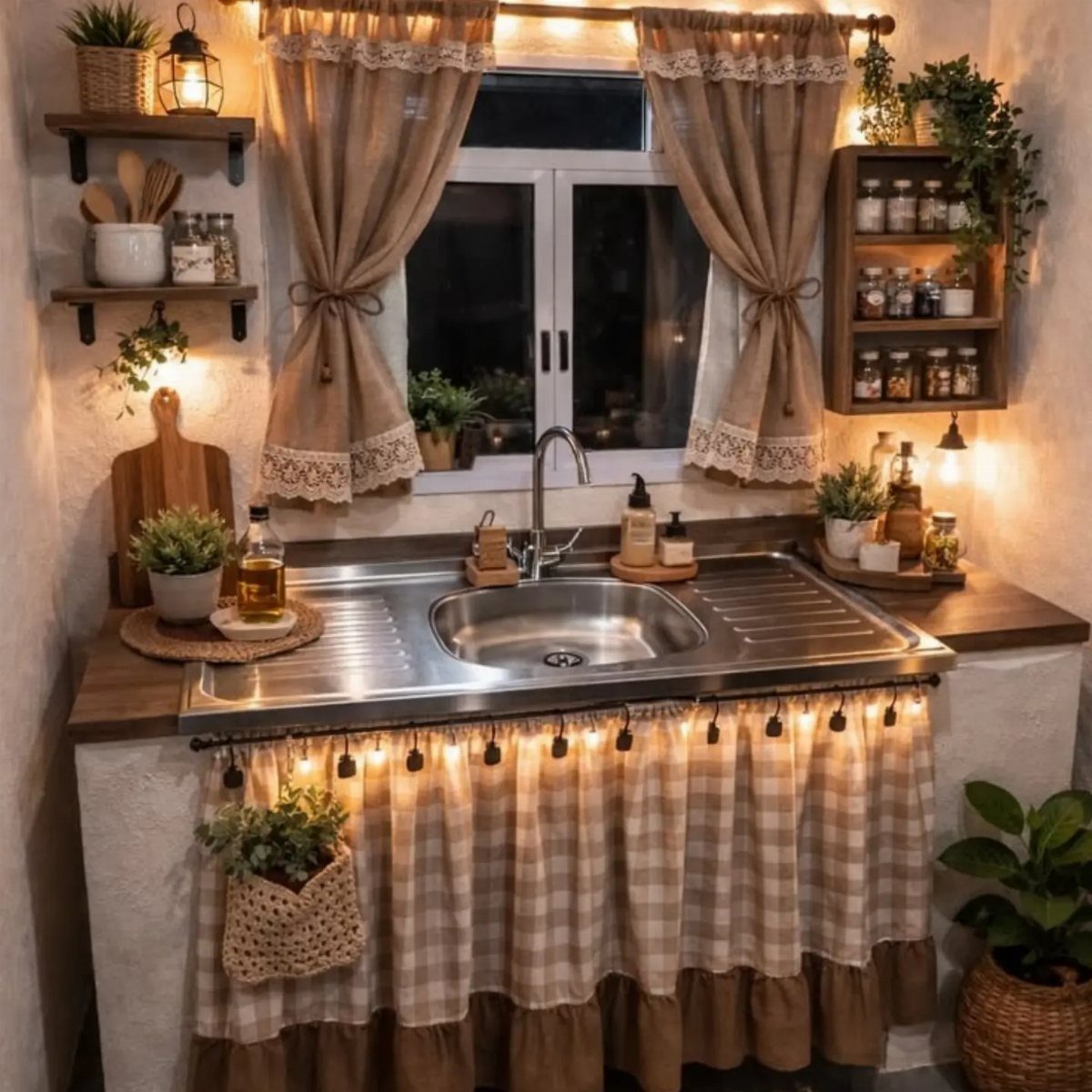 A cozy kitchen sink area with lace curtains, wooden shelves, and warm string lights.
