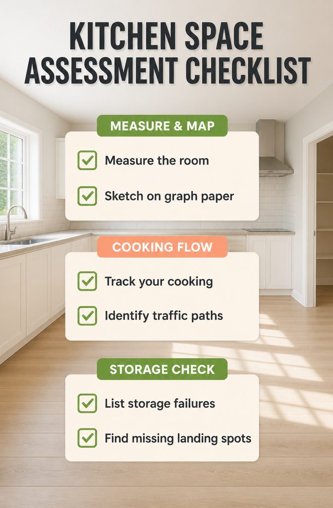 7 Kitchen Design Plans to Fit Your Space and How You Cook 1 An assessment checklist for kitchen space and needs.