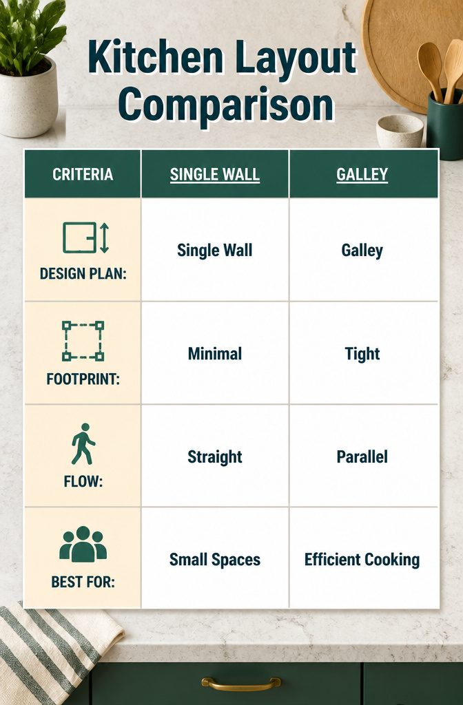 7 Kitchen Design Plans to Fit Your Space and How You Cook 2 A comparison chart of six kitchen layout designs.