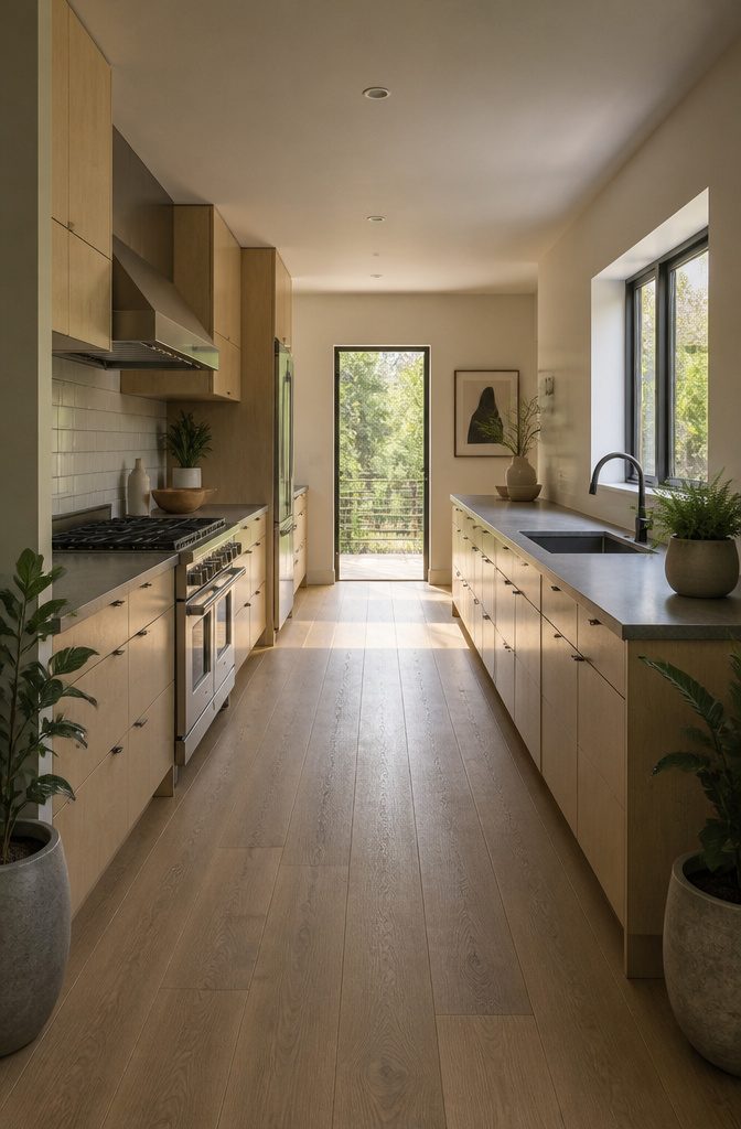 7 Kitchen Design Plans to Fit Your Space and How You Cook 4 A galley kitchen featuring two parallel counters and an aisle.