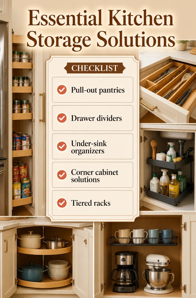 7 Kitchen Design Plans to Fit Your Space and How You Cook 11 Various storage solutions for kitchen cabinets and drawers.