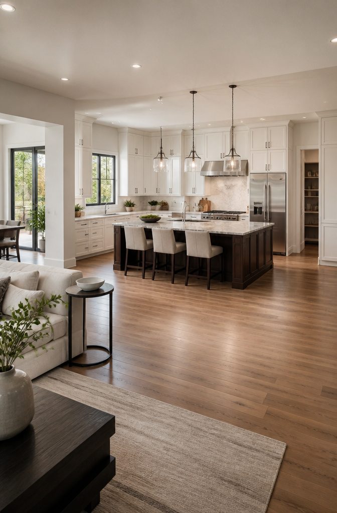 7 Kitchen Design Plans to Fit Your Space and How You Cook 8 An open concept kitchen integrated with living and dining areas.