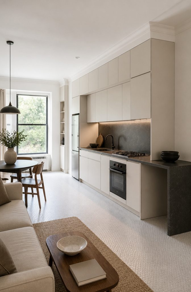 7 Kitchen Design Plans to Fit Your Space and How You Cook 3 A single wall kitchen layout with cabinets and appliances along one wall.