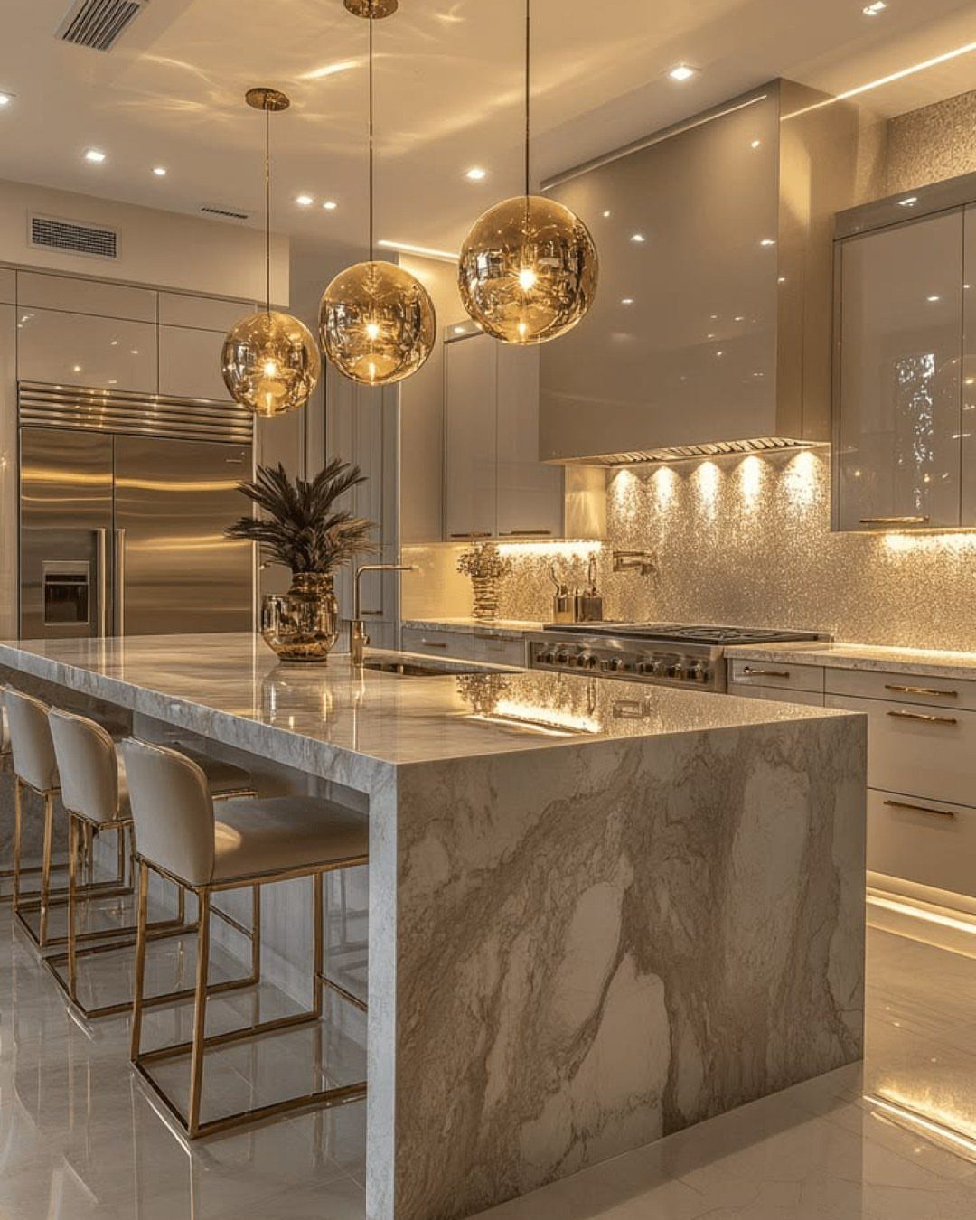 Three gold spherical pendant lights hanging over a large marble kitchen island with bar stools.