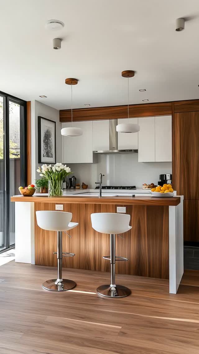 Light wood flooring stretches across a modern kitchen with a white and wood island.