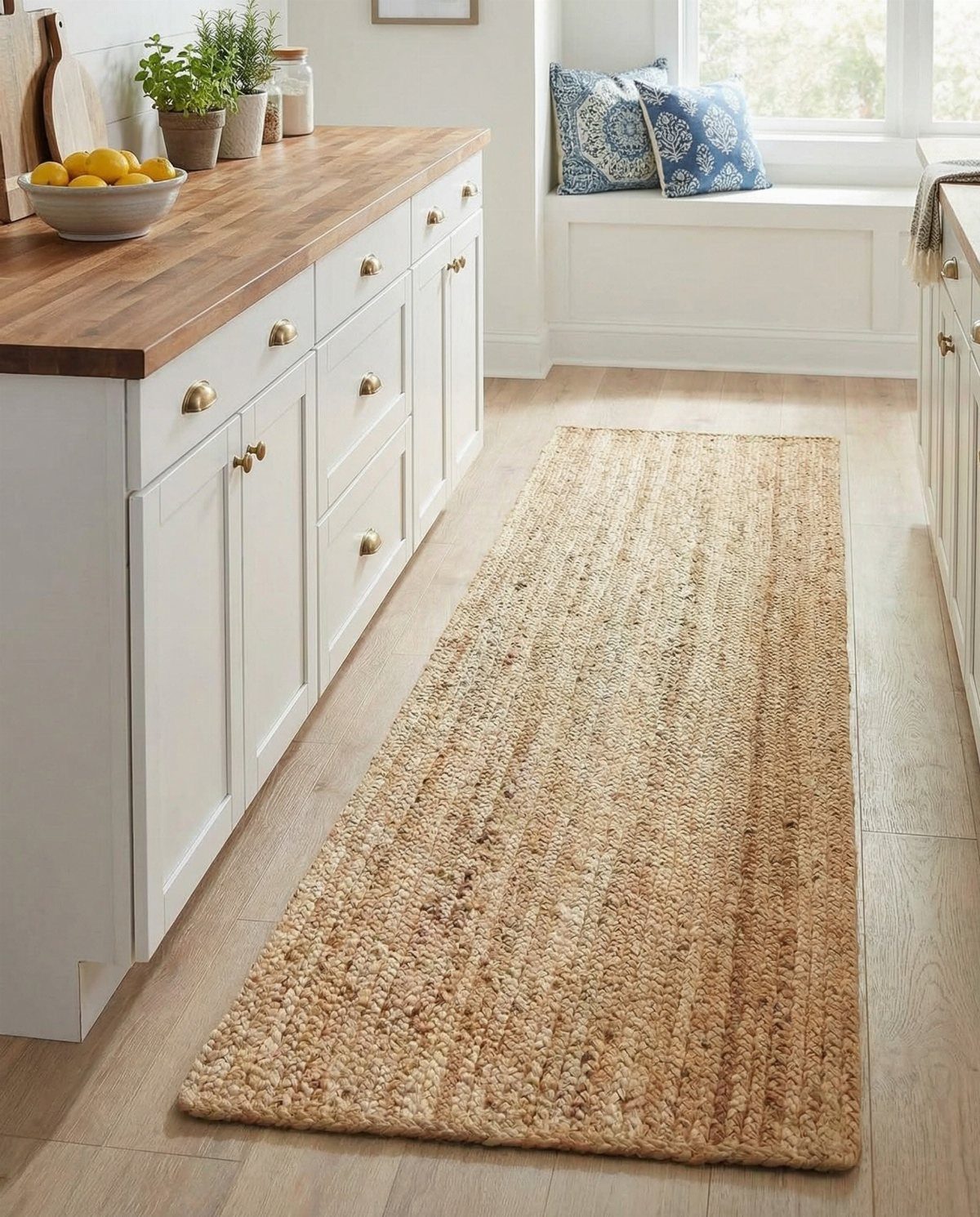 A long natural jute runner rug on light wood kitchen flooring near white cabinets.