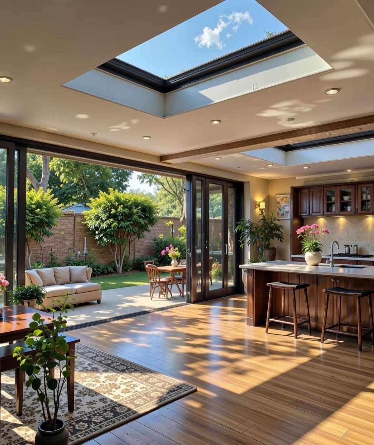 Open concept living area connecting a kitchen, dining space, and lounge area leading to a garden.