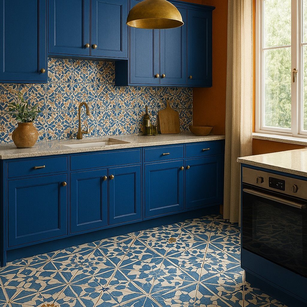 Blue kitchen cabinetry with patterned blue and white floor tiles and marble countertops.