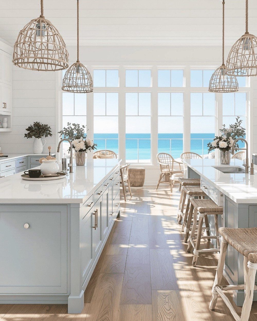 Two parallel light blue kitchen islands with marble countertops overlooking a bright blue ocean view.