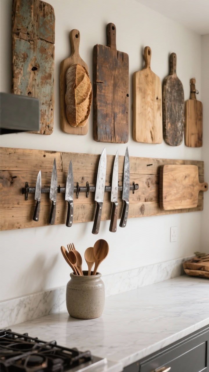 Weathered wooden cutting boards hanging on a wall above a magnetic knife strip and marble countertop.