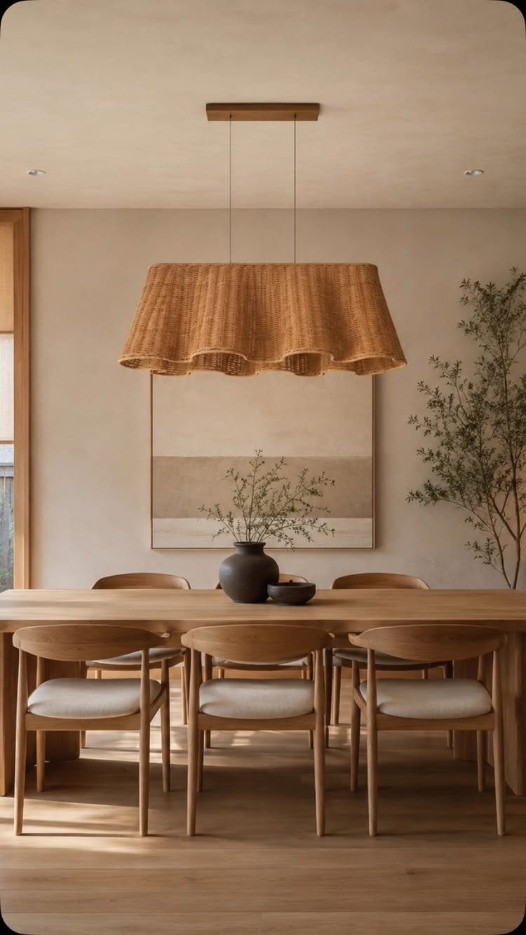 Large woven pendant light hanging over a wooden dining table in a minimalist room.