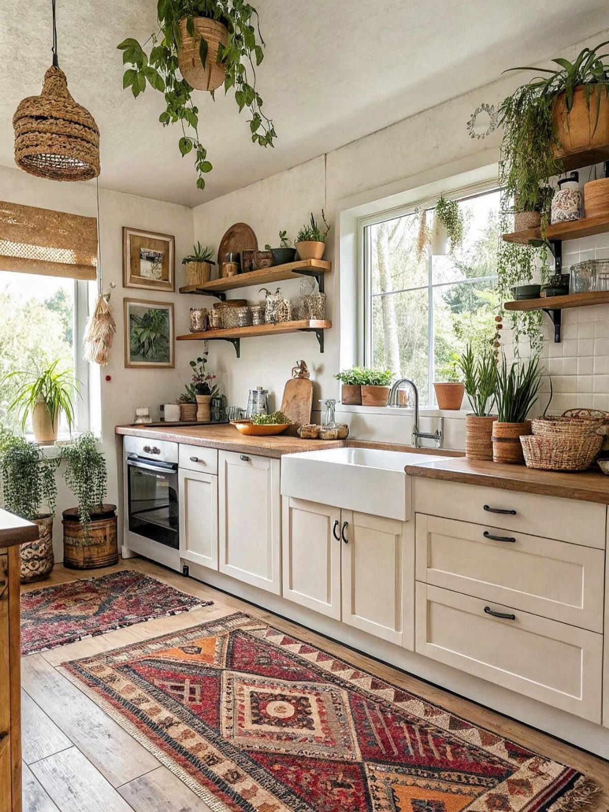 13 Kitchen Organization Ideas for Small Spaces That Free Up Real Room 9 Wooden open shelves holding plants and jars mounted on a white kitchen wall.
