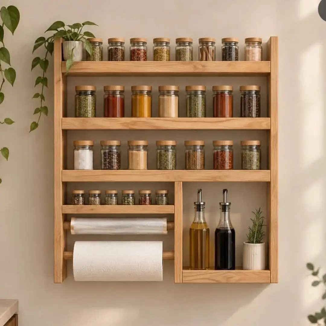 7 Kitchen Storage Tray Ideas for Cabinets and Drawers 7 Wooden wall-mounted shelving unit holding spice jars, oil bottles, and a paper towel roll.