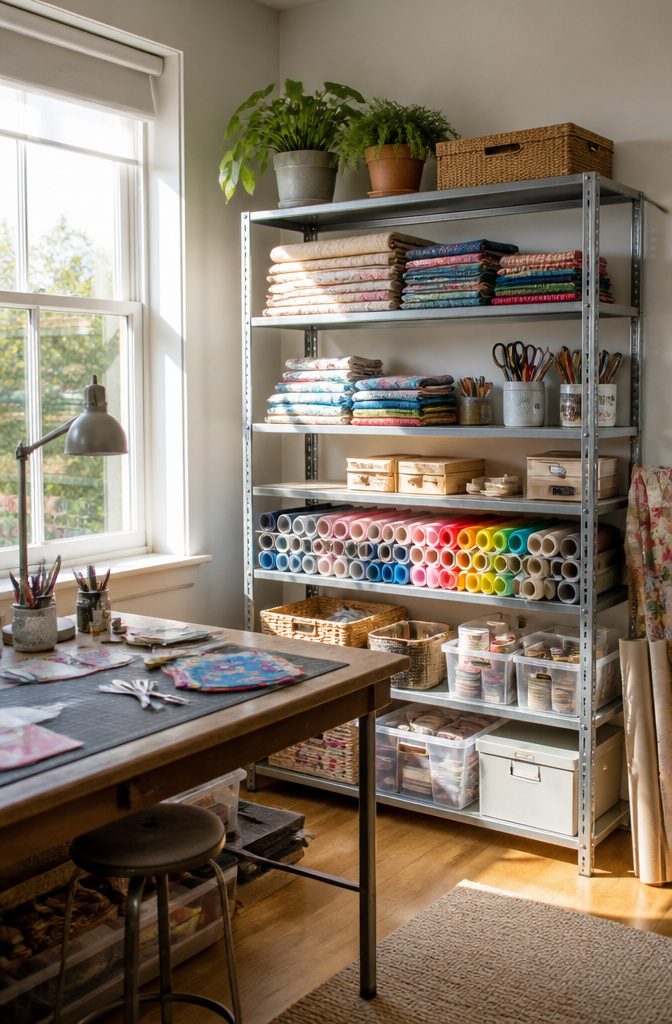 8 Metal Storage Rack Decor Ideas for Every Room 6 Adjustable-height metal storage rack filled with craft materials.