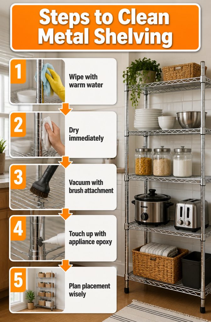 8 Metal Storage Rack Decor Ideas for Every Room 11 Instructions for cleaning metal shelving surfaces.