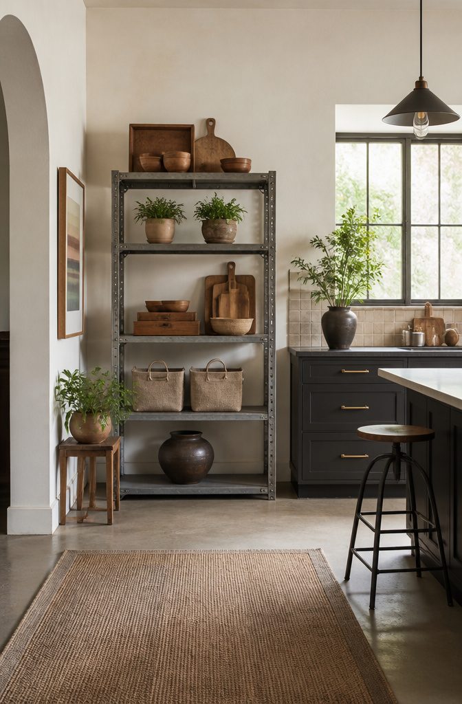 8 Metal Storage Rack Decor Ideas for Every Room 1 Raw steel racks holding wood cutting boards and ceramic items.