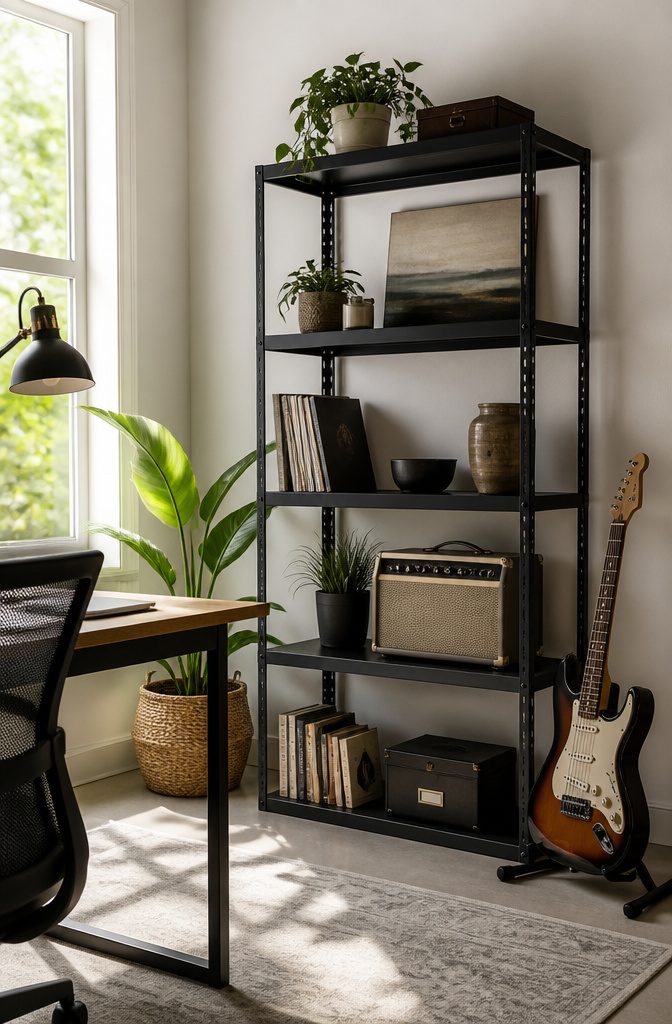 8 Metal Storage Rack Decor Ideas for Every Room 2 Adjustable modular steel shelving unit in a home office.