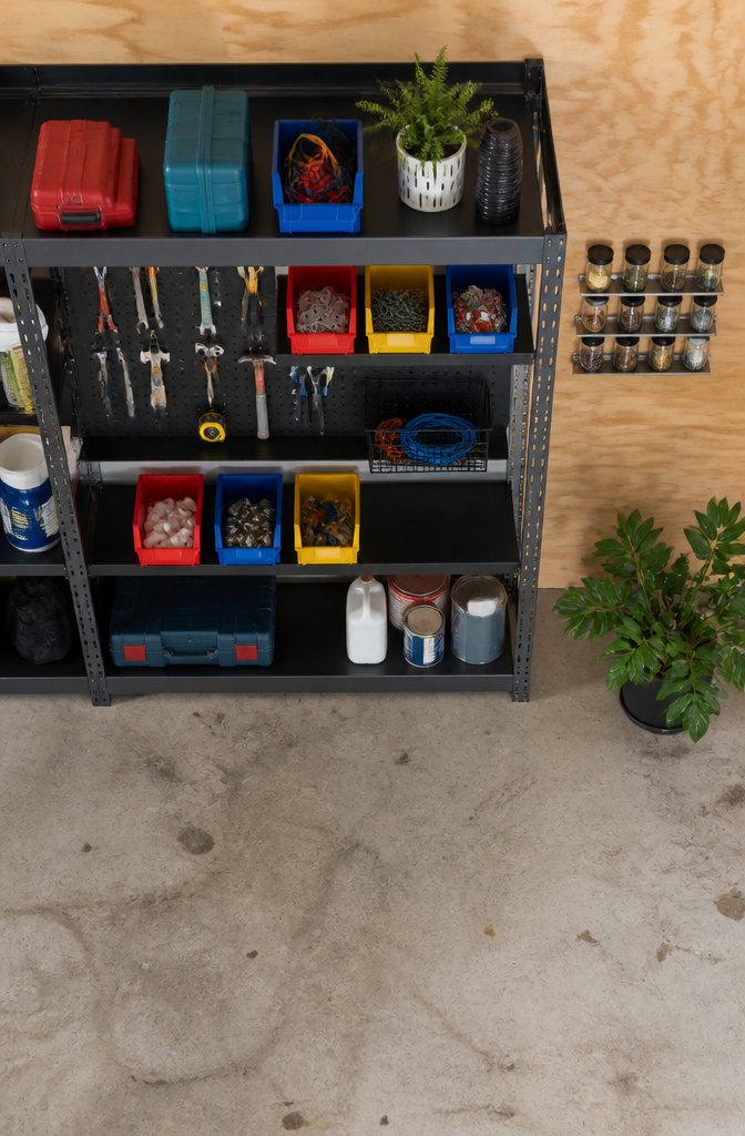 8 Metal Storage Rack Decor Ideas for Every Room 7 Metal storage rack with S-hooks and plastic bins.