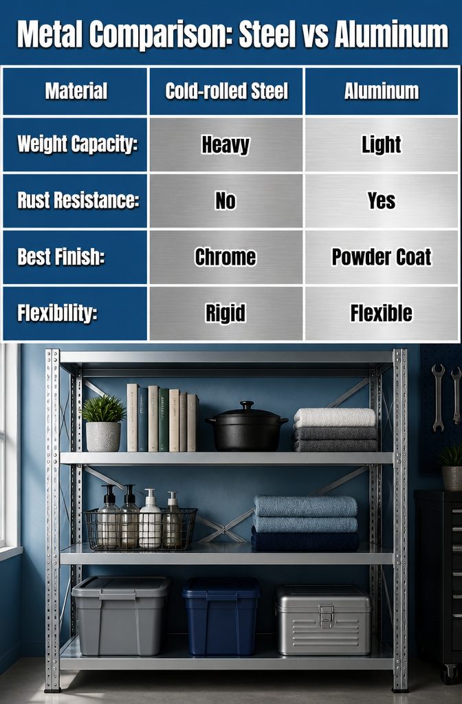 8 Metal Storage Rack Decor Ideas for Every Room 9 Metal comparison chart highlighting steel and aluminum properties.