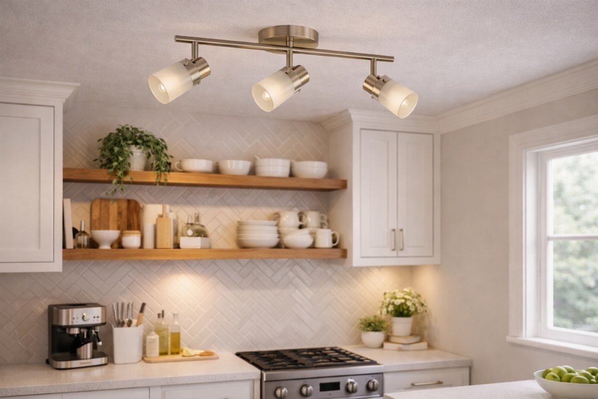 Three-bulb metal track lighting fixture mounted on a ceiling in a bright modern kitchen.